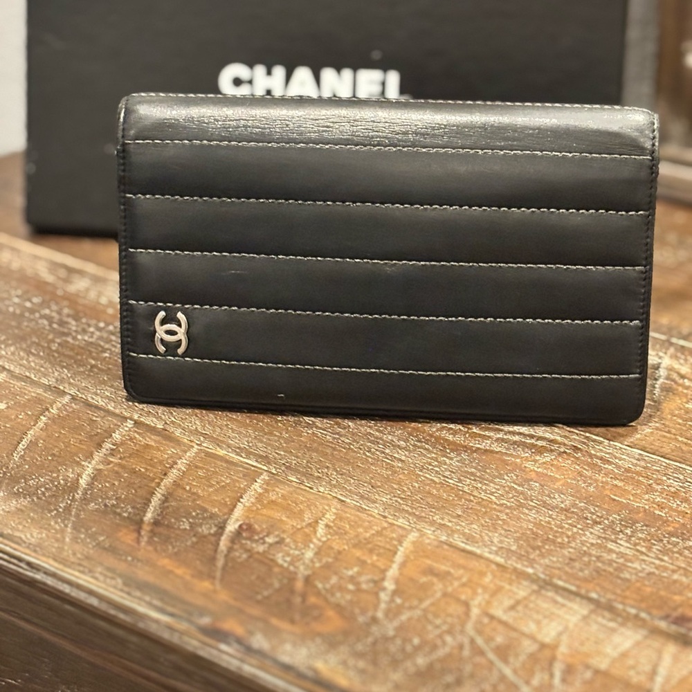 CHANEL Black Quilted Long Wallet – Silver CC Logo